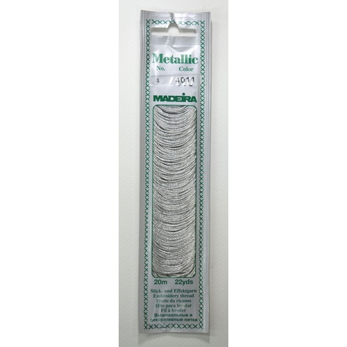 Madeira No. 4, 20m Metallic Hand Embroidery Thread, BRIGHT SILVER Colour 4011