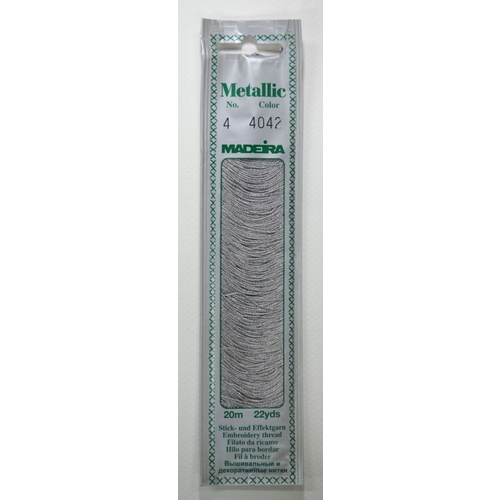 Madeira No. 4, 20m Metallic Hand Embroidery Thread, ANTIQUE SILVER Colour 4042