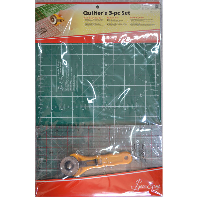 Quilters 3pce Set, A3 Cutting Mat, Rotary Cutter, 12"x6.5" Patchwork Ruler