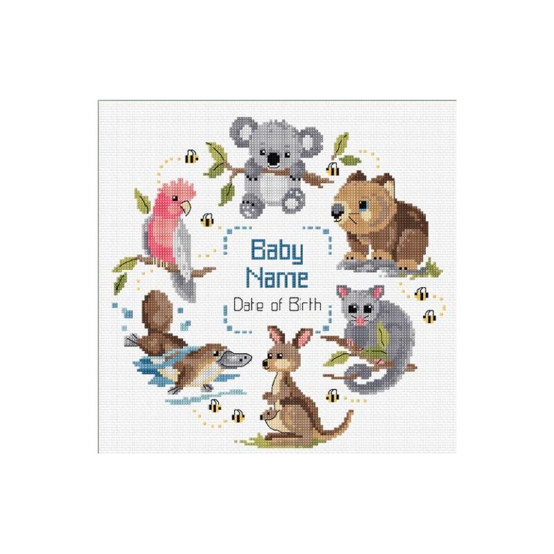 Country Threads LITTLE AUSSIE BIRTH SAMPLER Counted Cross Stitch Kit 25cm Round