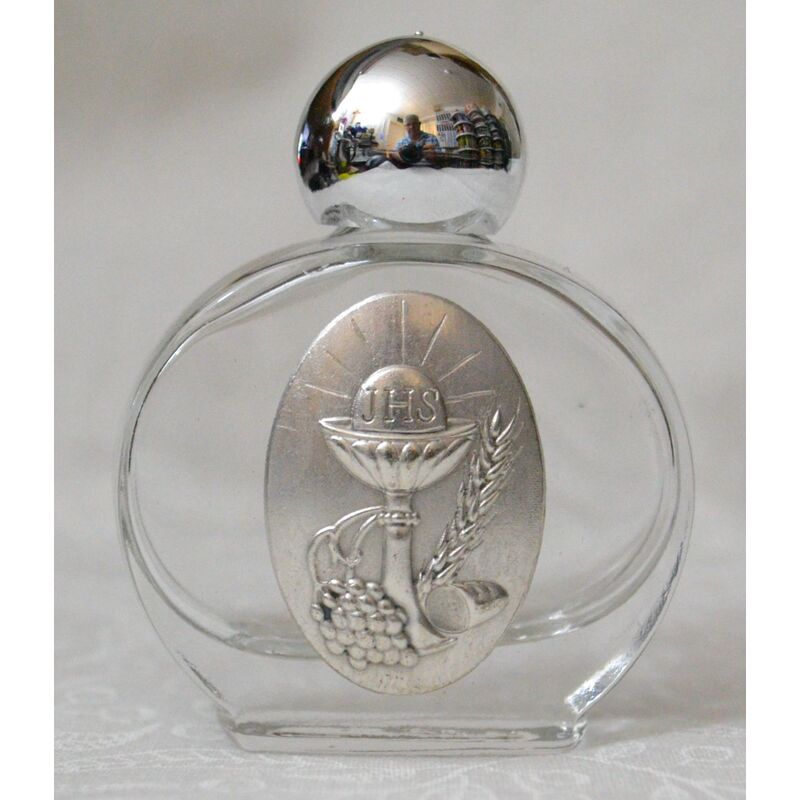 Glass Holy Water Bottle, COMMUNION, 45 x 55mm, 15ml Capacity, Empty (no water)