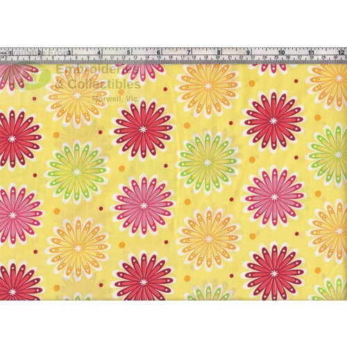 198cm REMNANT Sugar Garden Daisy Dot, Yellow, Cotton Fabric 110cm Wide