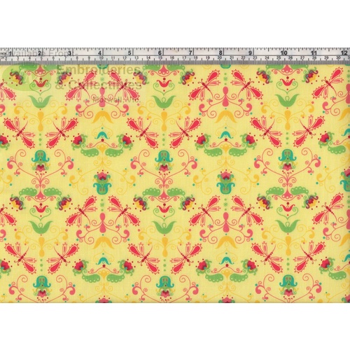 Sugar Garden Dragonfly, YELLOW Cotton Fabric 110cm Wide Per 50cm