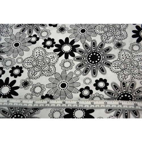 Funky Flowers White, 110cm Wide Per Metre, Black and White 100% Cotton Prints