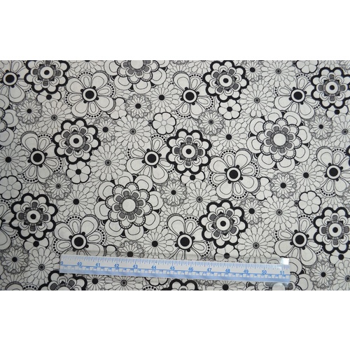 Cotton Fabric, Circle Flower Black on White, 110cm Wide Per Metre