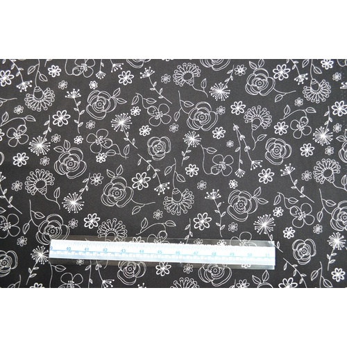 Cotton Fabric, Flower Sprigs White On Black, 110cm Wide Per Metre