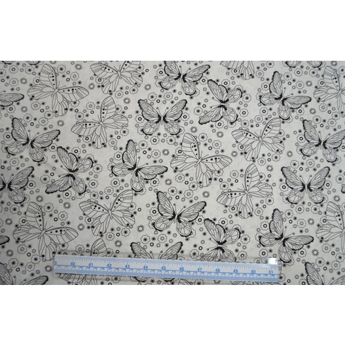 Cotton Fabric, Butterfly Black on White, 110cm Wide Per Metre