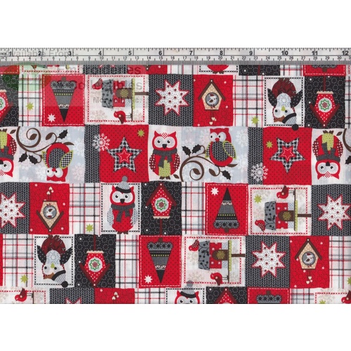 Christmas Patchwork Owl Charcoal, 137cm Wide 48cm REMNANT