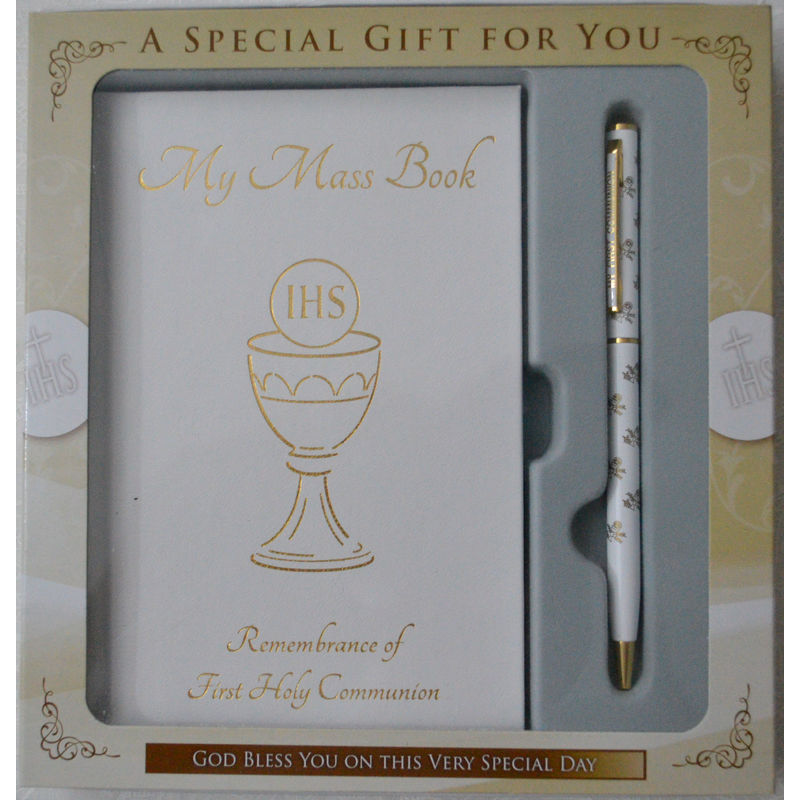 First Holy Communion Gift Set, Mass Book And Pen, WHITE
