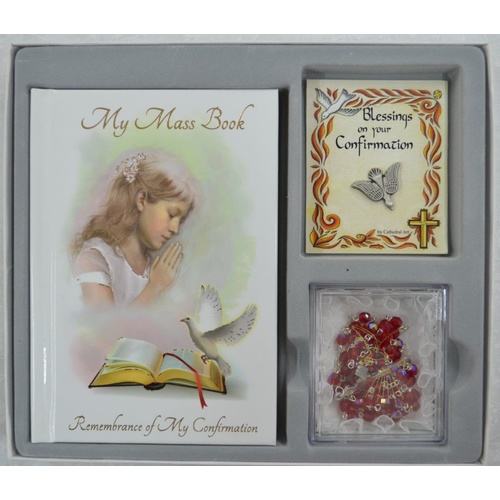 Confirmation Gift Set, GIRL, Mass Book, Dove Lapel Pin & Rosary