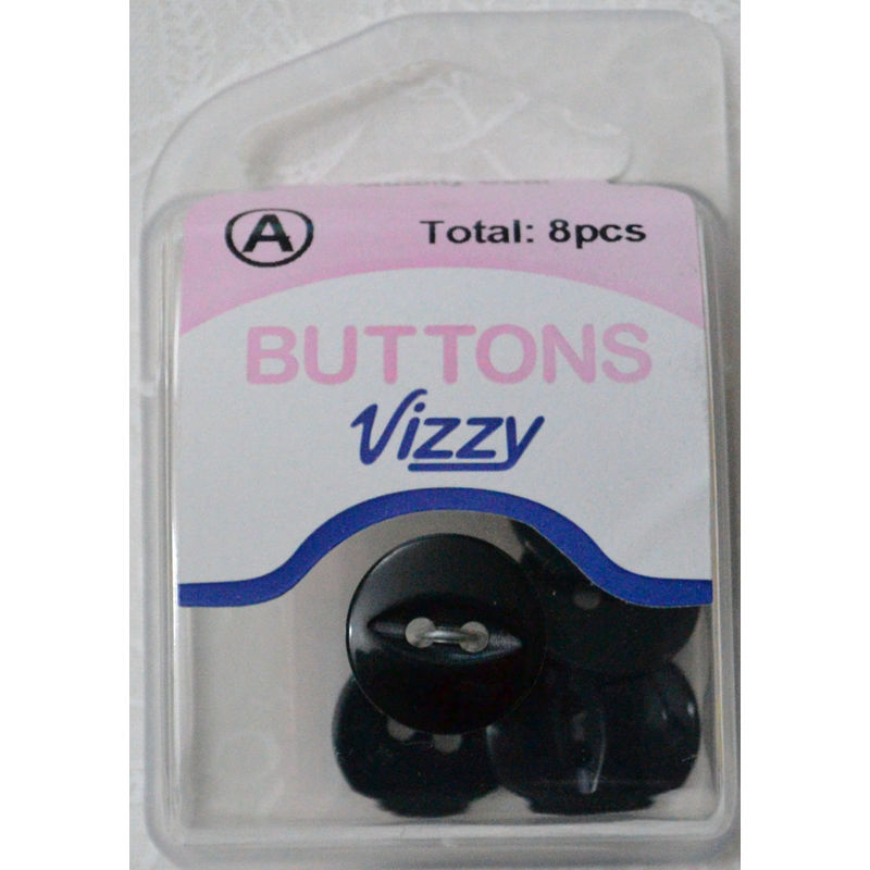 Hemline / Vizzy Buttons Fish Eye 2 Hole 14mm, Pack of 8, BLACK