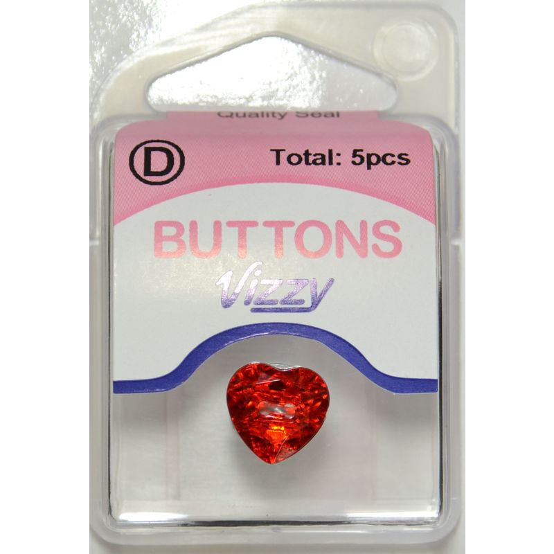Hemline / Vizzy Precious Heart Buttons (19), 11mm, Pack of 5, RED