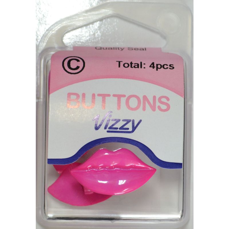 Vizzy Novelty Buttons, Lips Style, Shanked, HOT PINK, Pack of 4 Buttons 25mm x 13mm