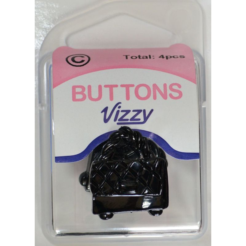 Vizzy Novelty Buttons, Handbag Style, Shanked, BLACK, Pack of 4 Buttons 20mm x 22mm