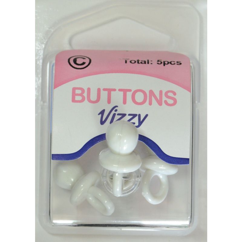 Vizzy Novelty Buttons, Pacifier (Dummie) Shape, WHITE, Pack of 5 Buttons 21x11mm