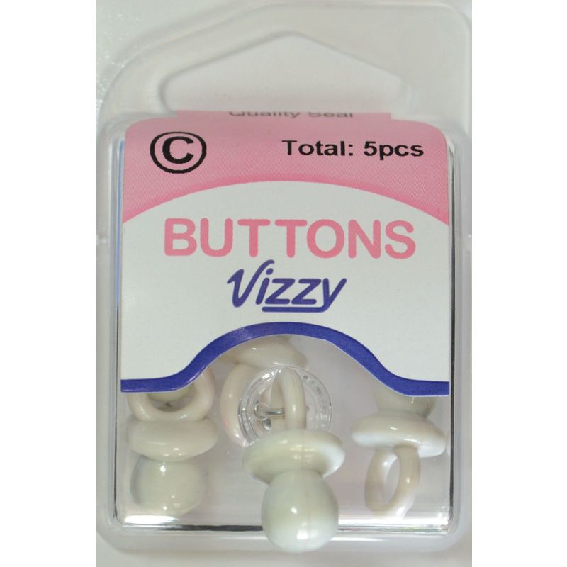 Vizzy Novelty Buttons, Pacifier (Dummie) Shape, WHITE (2), Pack of 5 Buttons 21x11mm