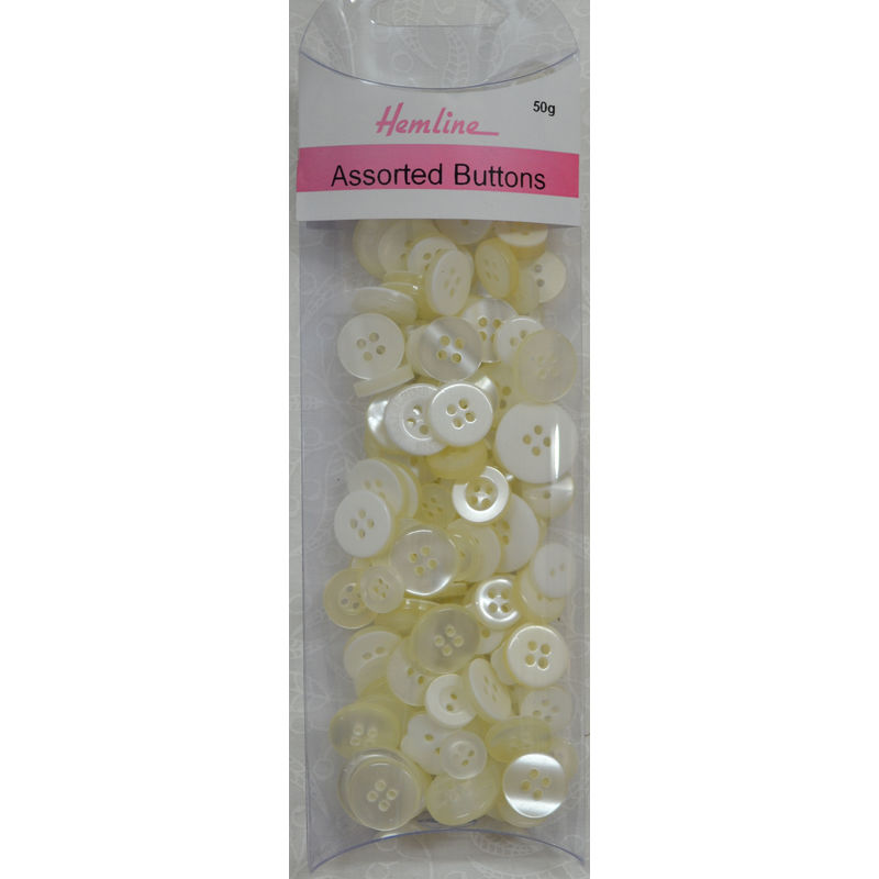 Hemline Buttons, Assorted Sized Buttons, 50g Net, WHITE Buttons