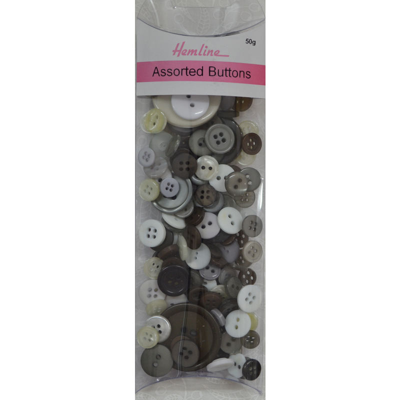 Hemline Buttons, Assorted Sized Buttons, 50g Net, BLACK, GREY Buttons