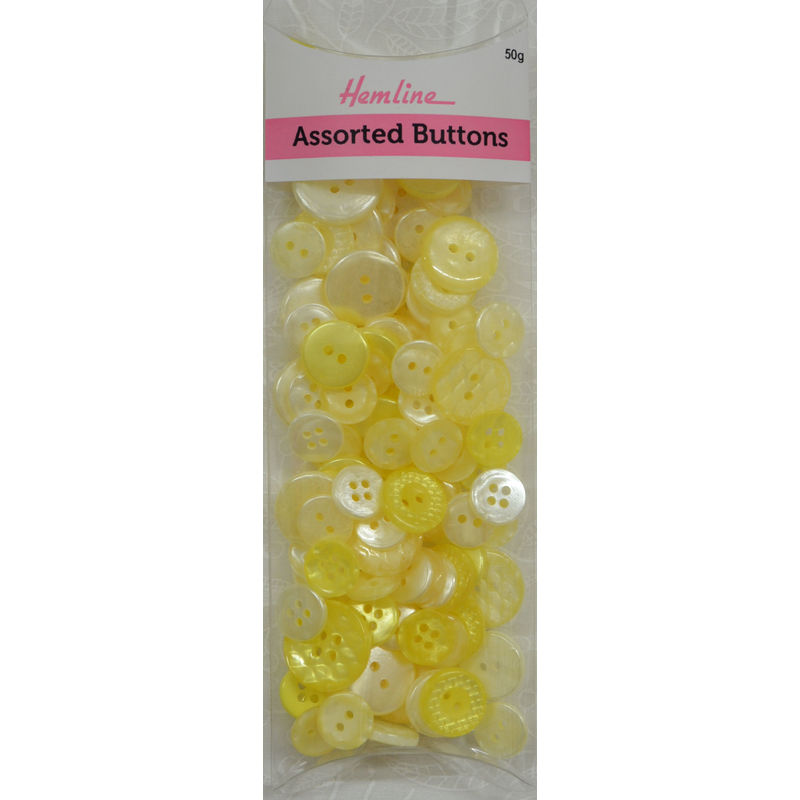 Hemline Buttons, Assorted Sized Buttons, 50g Net, CREAM, YELLOW Buttons