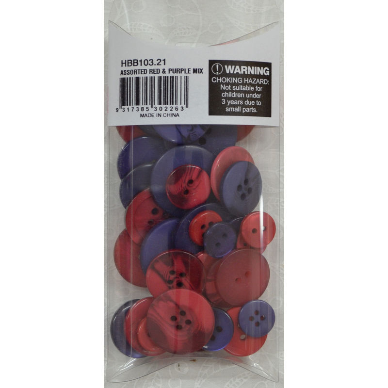 Hemline Buttons, Assorted Craft and Mender Buttons, 40g Net, RED and PURPLE Buttons
