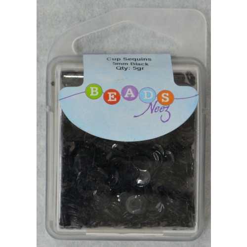 Beads Neez Cup Sequins, 5mm BLACK 5g, Re-Usable Storage Box.