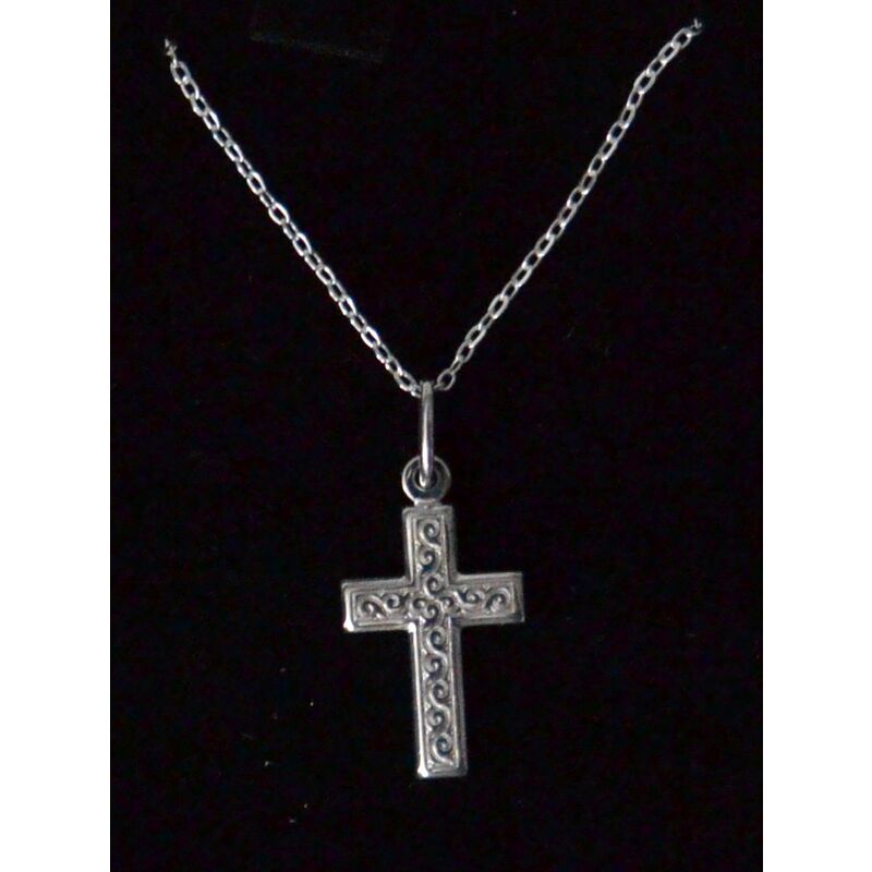 Sterling Silver Chain and Engraved Scroll Cross, In Box