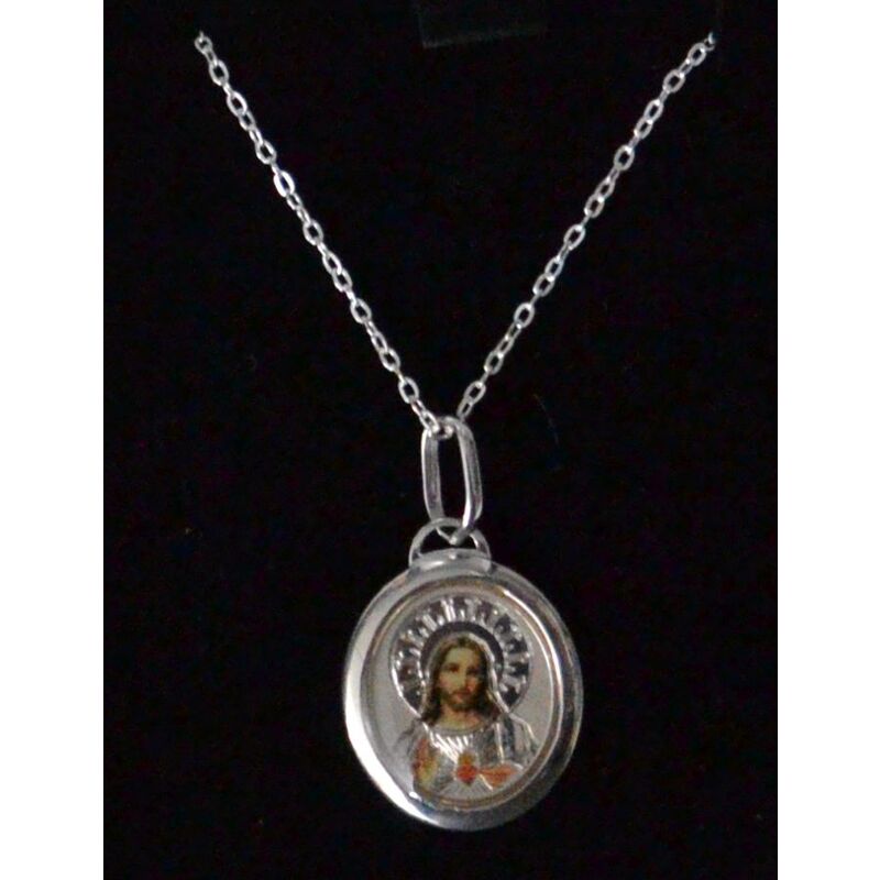 Sterling Silver SACRED HEART OF JESUS Coloured Medal Pendant and Chain, In Box