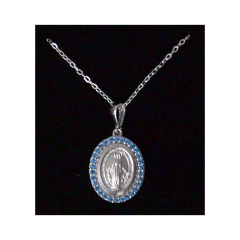 Sterling Silver MIRACULOUS Medal Pendant With Stones and Chain, Gift Boxed