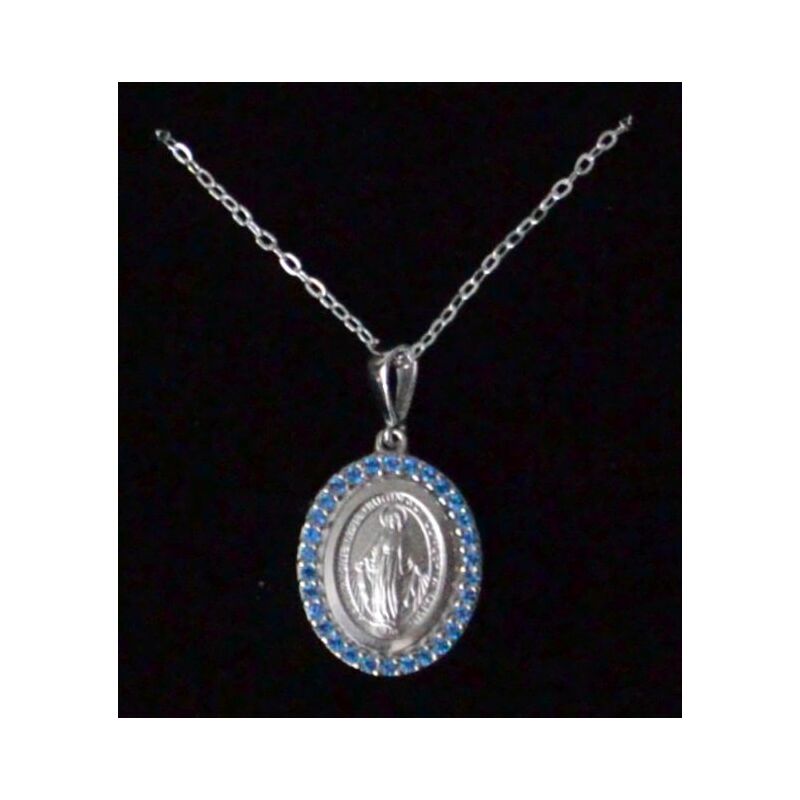 Sterling Silver MIRACULOUS Medal Pendant With Stones and Chain, In Box