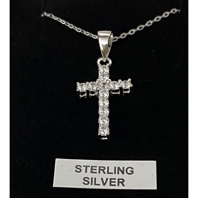 Sterling Silver Chain and Cross with Diamantes, Gift Boxed