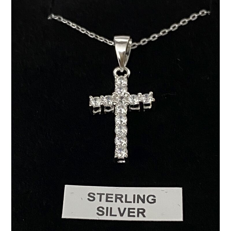 Sterling Silver Chain and Cross with Diamantes, In Box