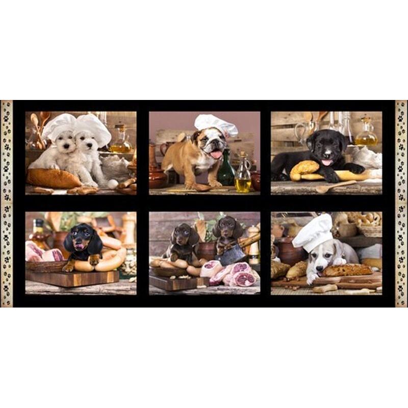 Puppies in the Kitchen 0124B 6 Block PANEL 100% Cotton Fabric, per 60cm Panel