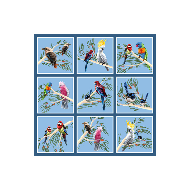 Australian Birds Of The Bush 6" Blocks Sky Blue, 1 set of 9 Blocks only
