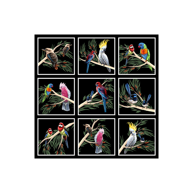 Australian Birds Of The Bush 6" Blocks BLACK, 1 set of 9 Blocks only