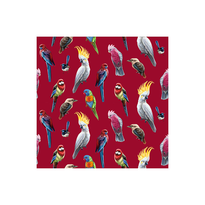 Australian Birds Of The Bush on RED, 112cm Wide Cotton Fabric 0158C