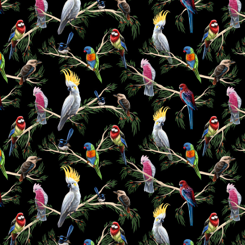 Australian Birds Of The Bush Branches on BLACK, 112cm Wide Cotton Fabric 0158G