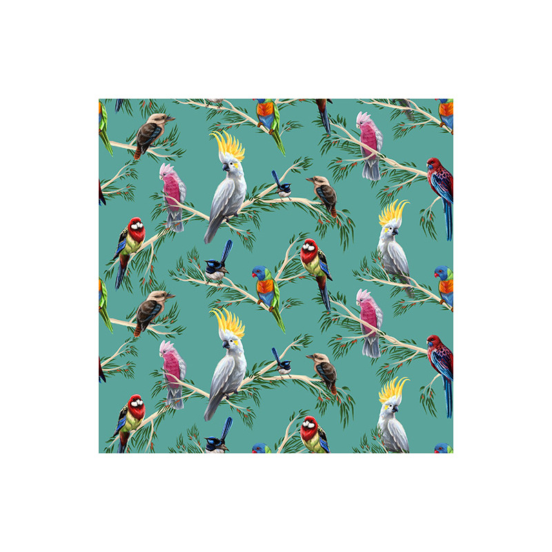 Australian Birds Of The Bush on TURQUOISE, 112cm Wide Cotton Fabric 0158H