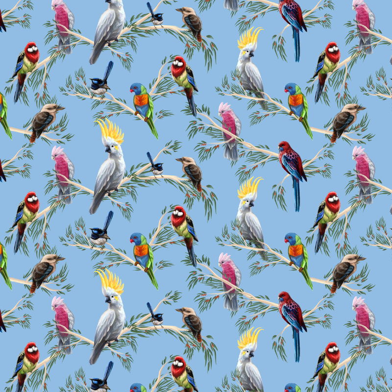 44cm REMNANT Australian Birds Of The Bush Branches on BLUE, 112cm Wide Cotton Fabric 0158I