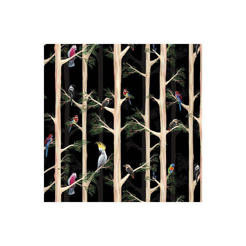 Australian Birds Of The Bush Among the Blue Gums BLACK, 112cm Wide Cotton Fabric 0158M