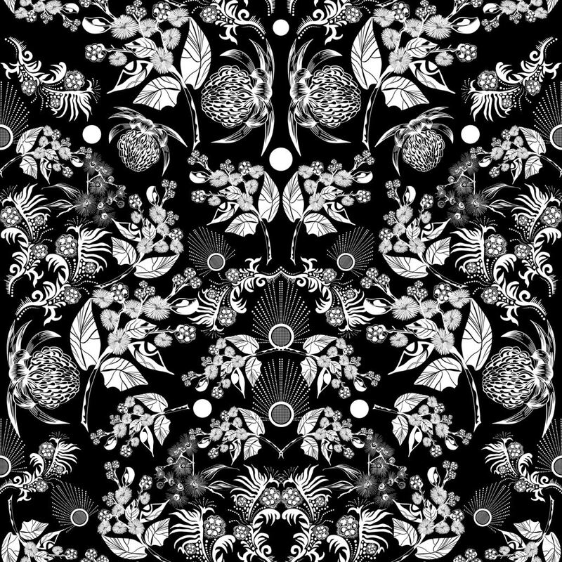 Botanicum Bliss Bush Beauty White on Black, 112cm Wide Quilting Fabric
