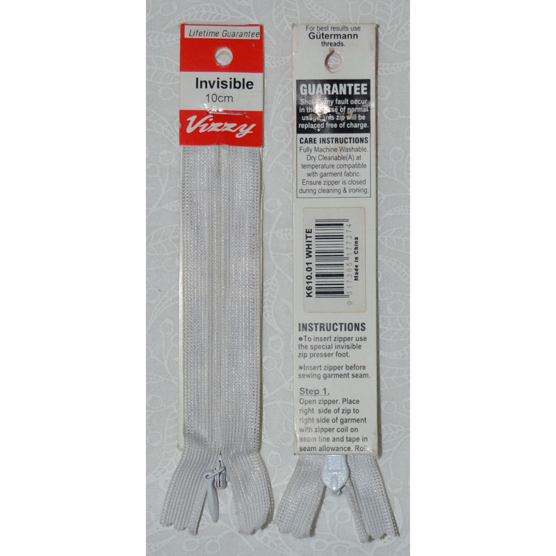 Vizzy Invisible Zip 10cm, Colour 01 WHITE