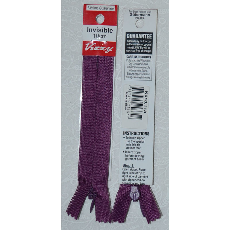 Vizzy Invisible Zip 10cm, Colour 118 GRAPE