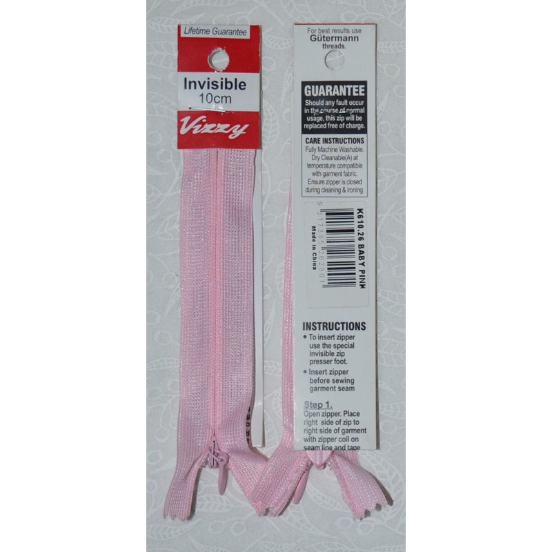 Vizzy Invisible Zip 10cm, Colour 26 BABY PINK