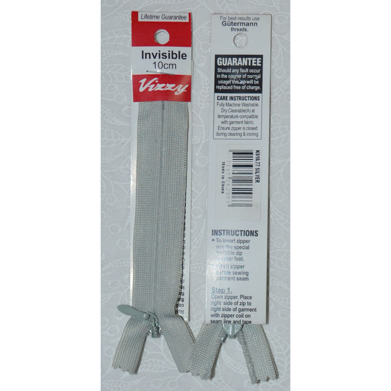Vizzy Invisible Zip 10cm, Colour 77 SILVER