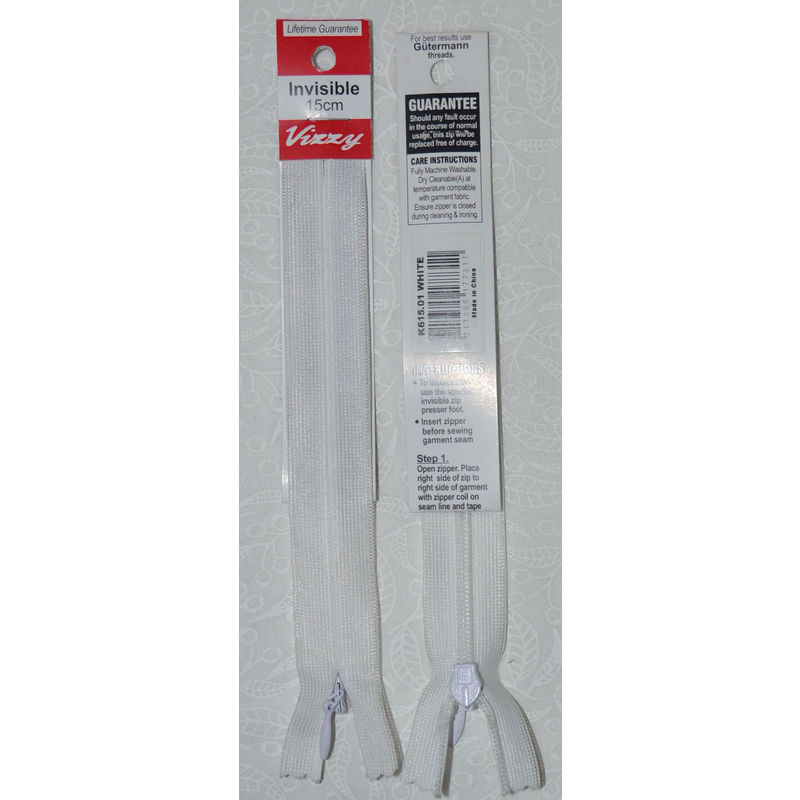Vizzy Invisible Zip 15cm, Colour 01 WHITE
