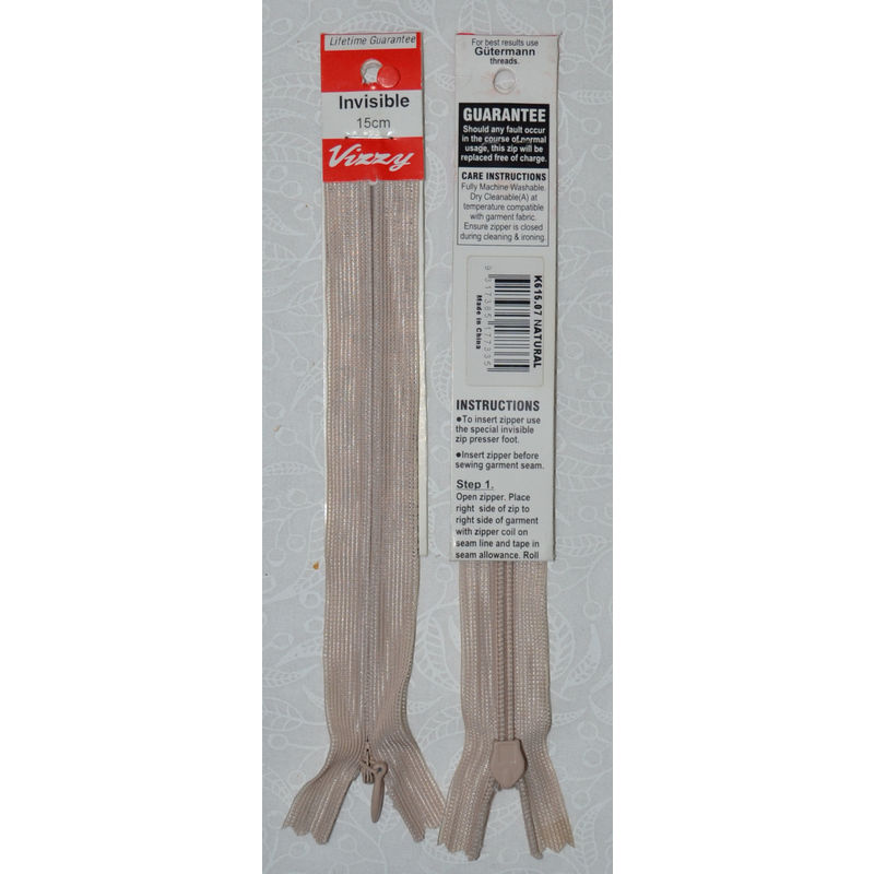 Vizzy Invisible Zip 15cm, Colour 07 NATURAL