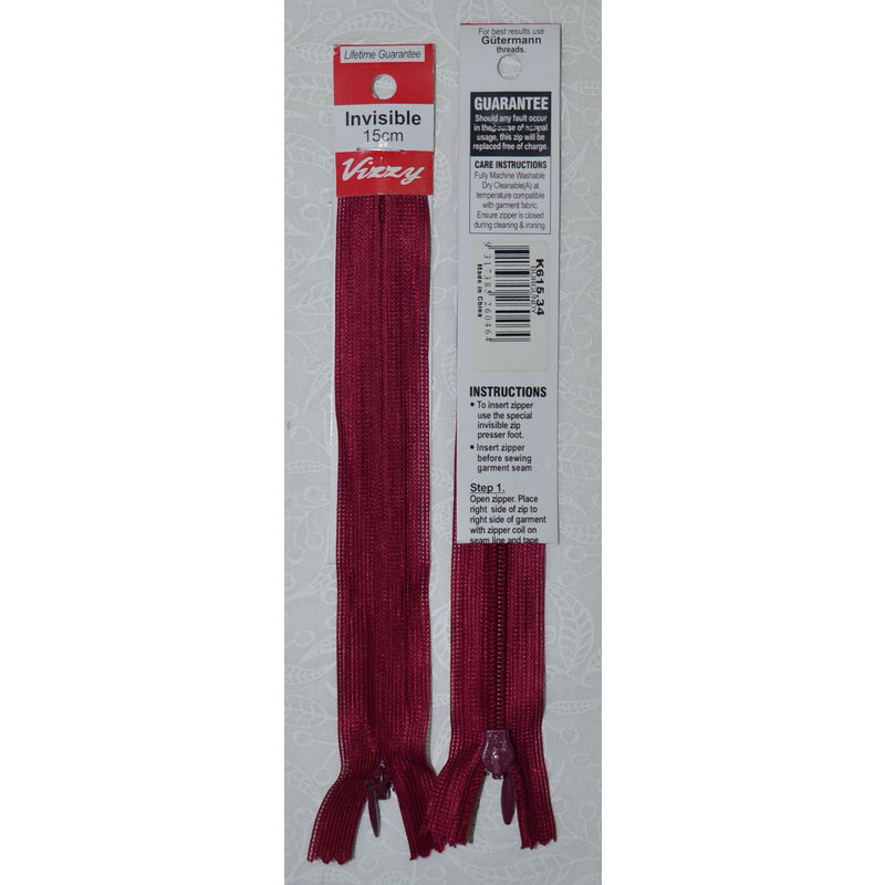 Vizzy Invisible Zip 15cm, Colour 34 BURGUNDY