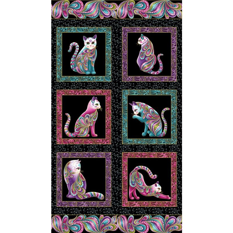 Cat-I-Tude 7122/012, 24" x 42" PANEL, Black with Gold Metallic Print By Benartex