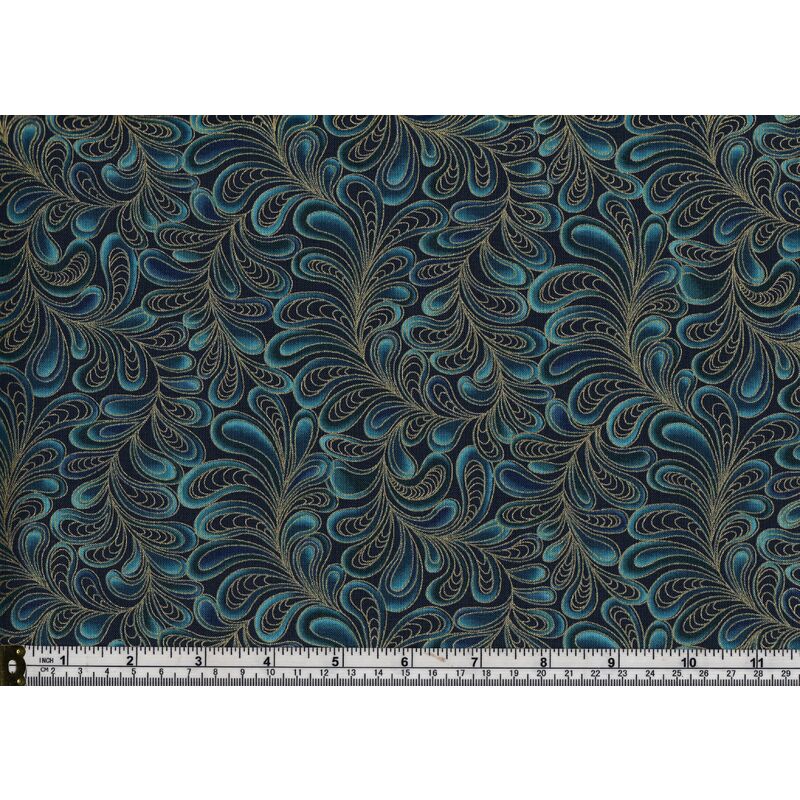 Cat-I-Tude 7122/554, Feather Frolic Teal with Gold Metallic Print per Metre