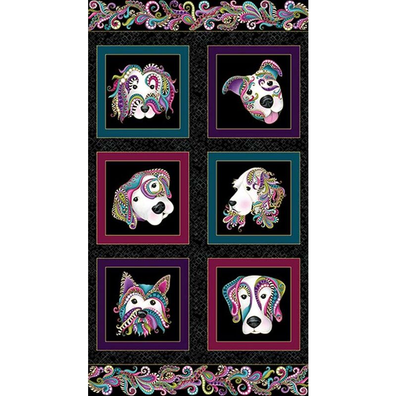 Dog On It 9050/5012, 24 x 42" Fabric PANEL, Black Multi Print By Benartex